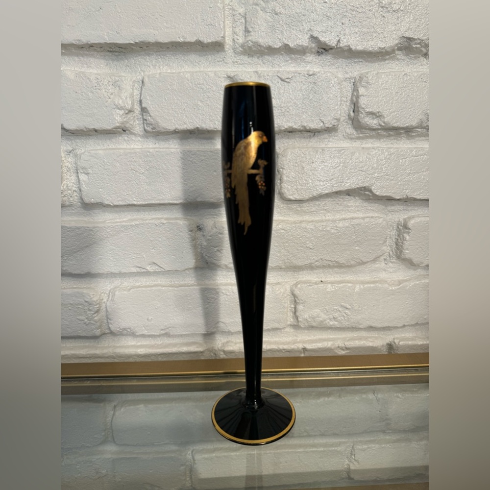 Vintage Tiffin Black Amethyst Glass Bud Vase Gold Gilded Parakeet Bird Art Deco